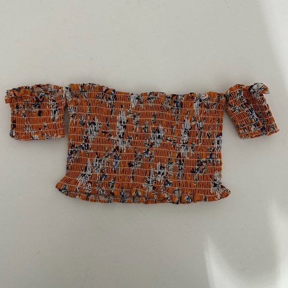 Boho Orange White Floral Smocked Off-Shoulder Floral Micro Crop Top Medium Y2K - Picture 3 of 4